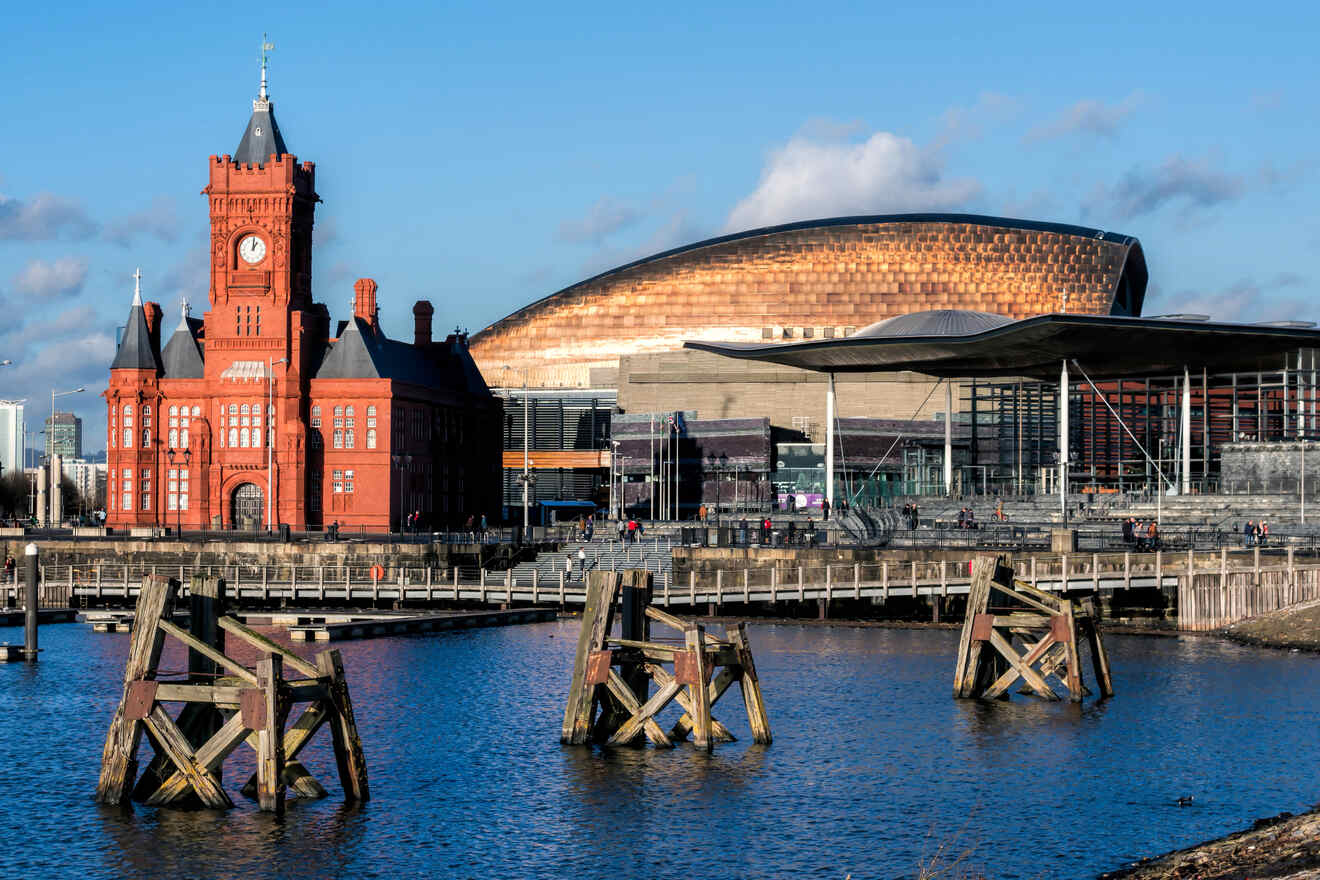 The iconic red brick Pierhead Building with the modern Wales Millennium Centre in the background, situated on the waterfront